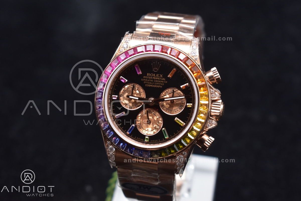 Daytona 116595RBOW RG Rainbow Crystal TWF Best Edition Black Dial on YG Bracelet A7750